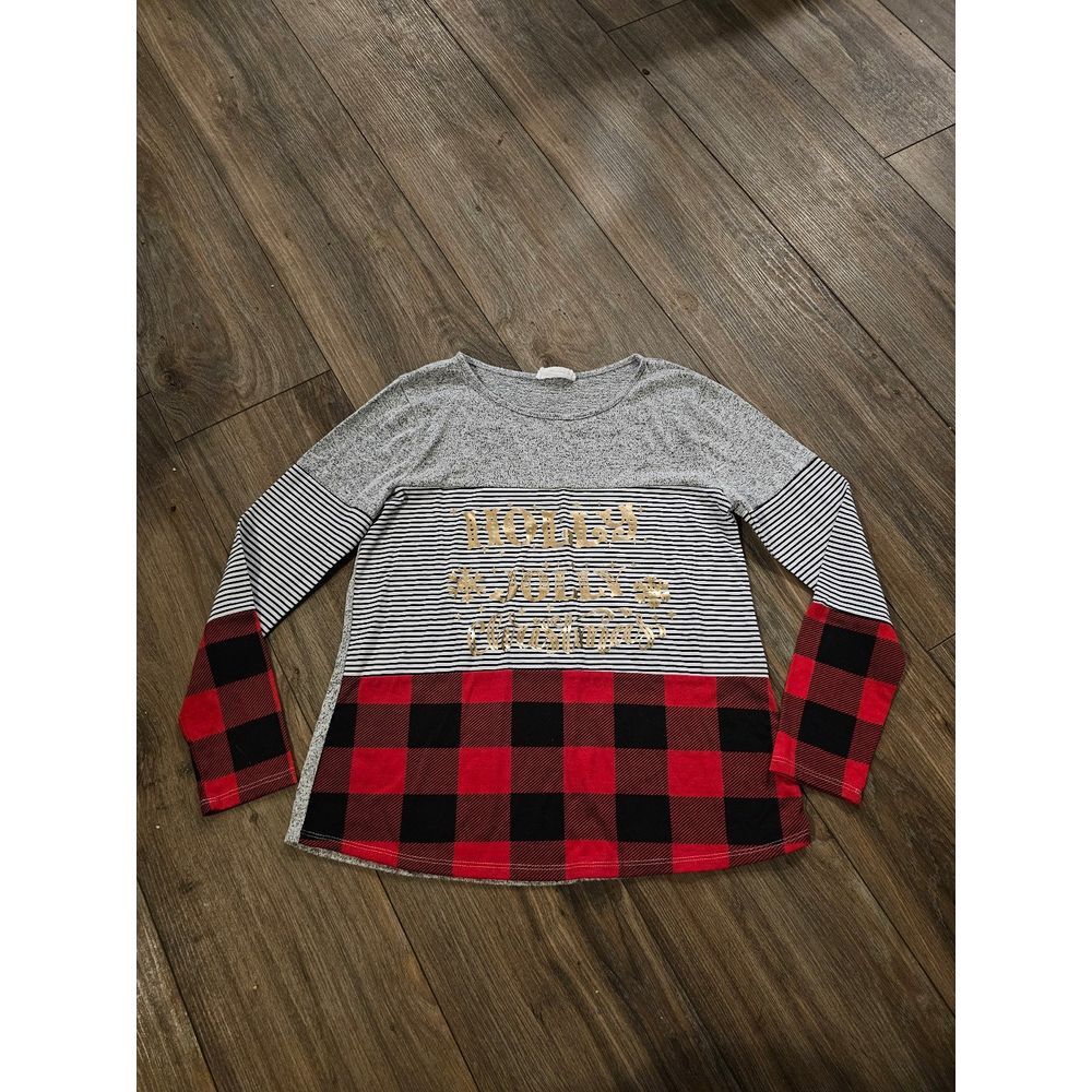 Holly Jolly Christmas Longsleeve Buffalo Plaid and‎ Striped Shirt